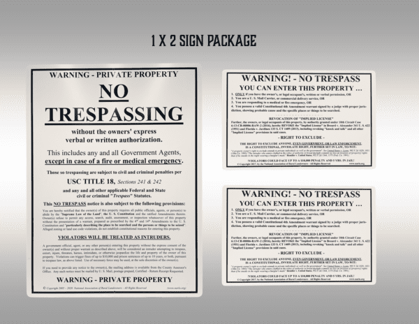 A package of three signs with instructions for no trespassing.