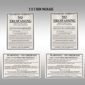 A set of four signs with instructions for no trespassing.