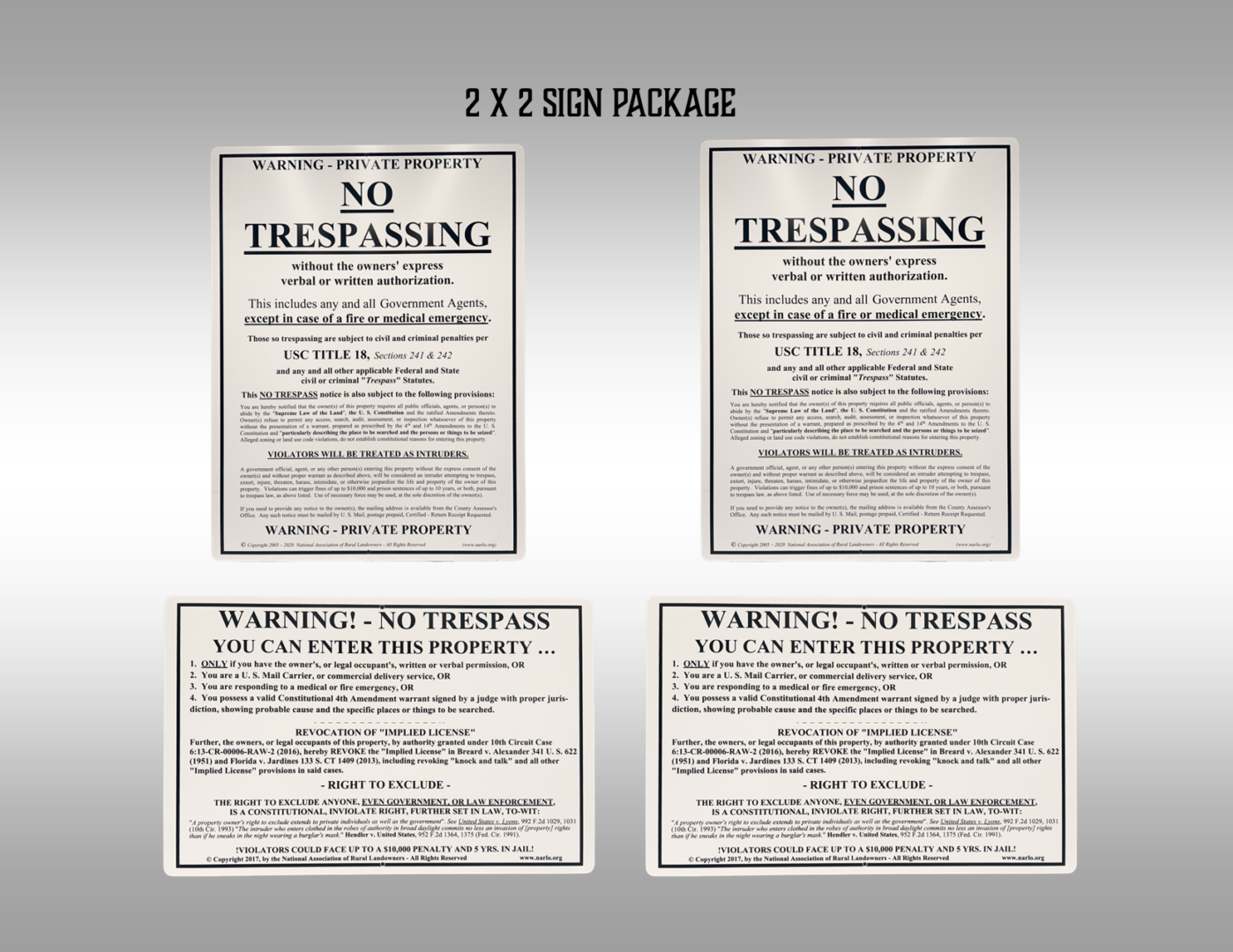 A set of four signs with instructions for no trespassing.