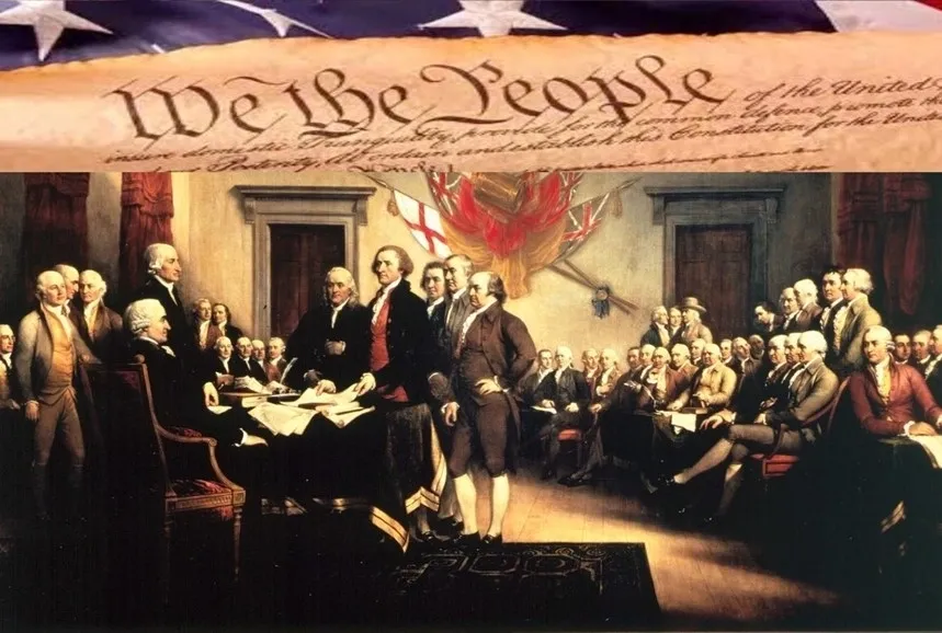 A painting of the founding fathers at their meeting.